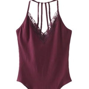 WINE RED V Neck Strappy Lace Panel Bodysuit